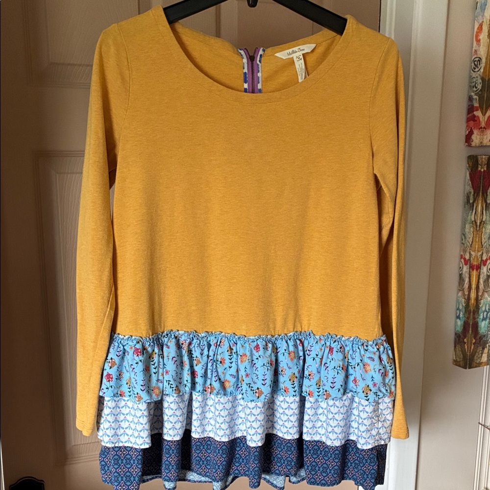 Matilda Jane Mustard Yellow Long Sleeve Top with Blue Printed Ruffles